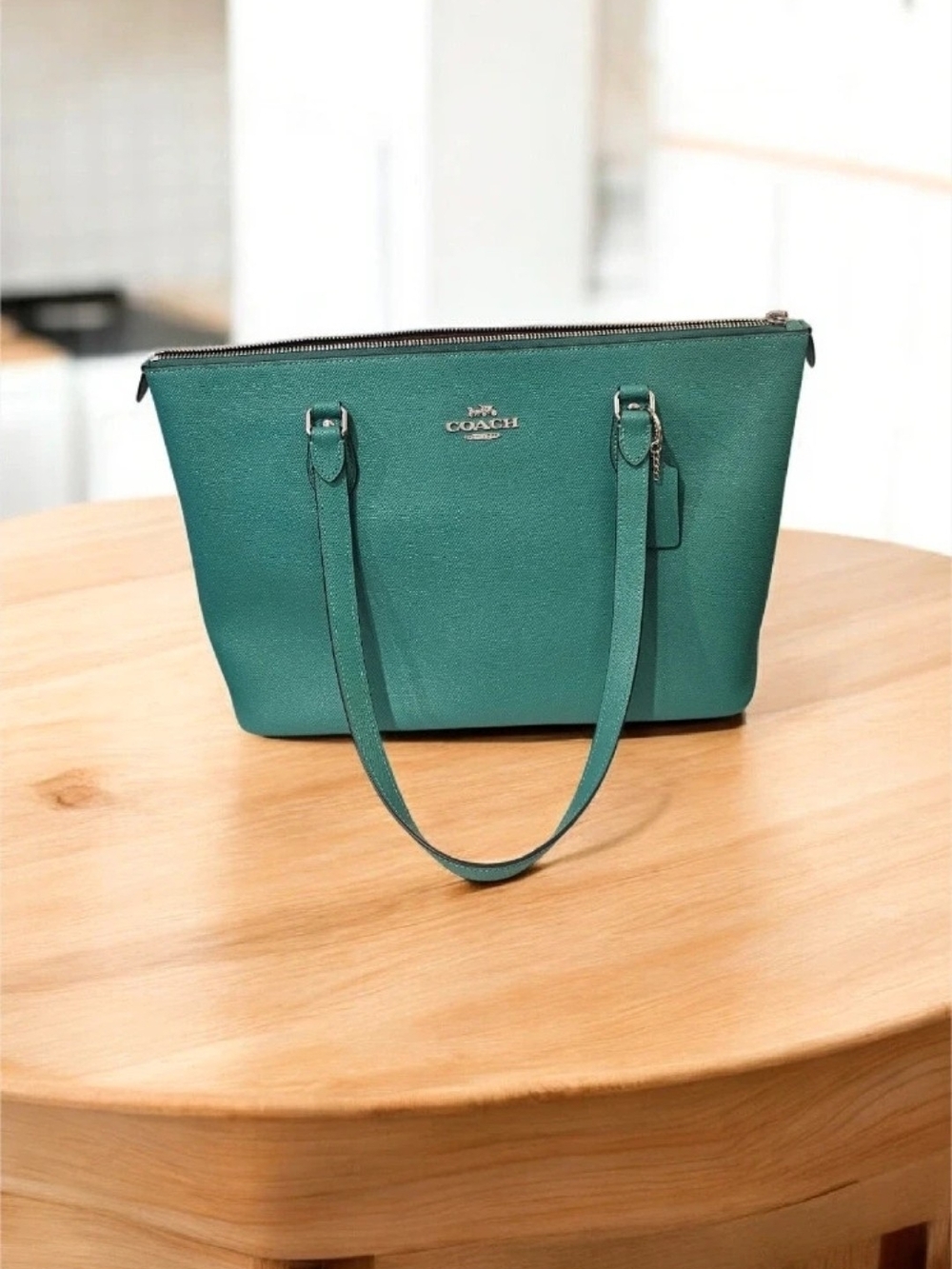 Coach Gallery Green Leather Tote Bag - Coach Signature Zip-Top Shoulder Tote